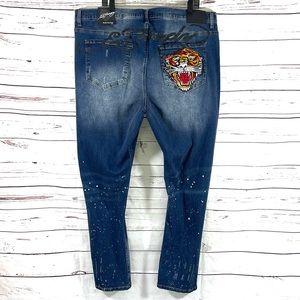 Ed‎ Hardy Jeans Mens 42 Embroidered Tiger Head Slim Taper Distressed.